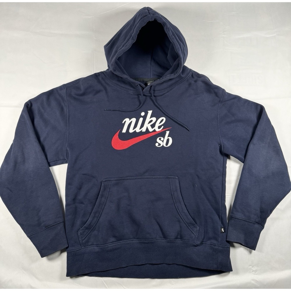 Vintage Nike SB Spell Out Swoosh Hoodie Mens S Navy Red Skate Y2K Pullover